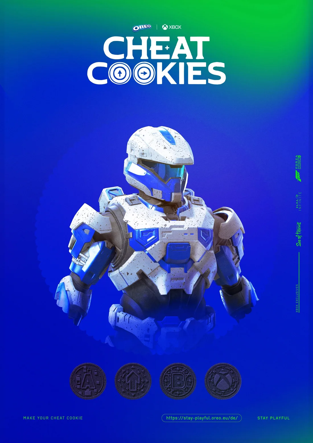 Cartaz Cheat Cookies com a armadura de Halo Infinite