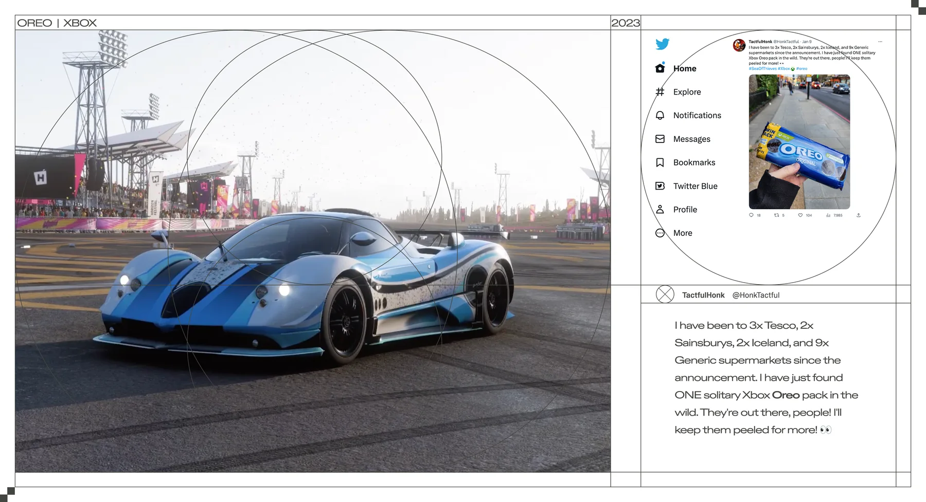 Carro Pagani com skin OREO em Forza Horizon, ao lado de um tuíte de um jogador