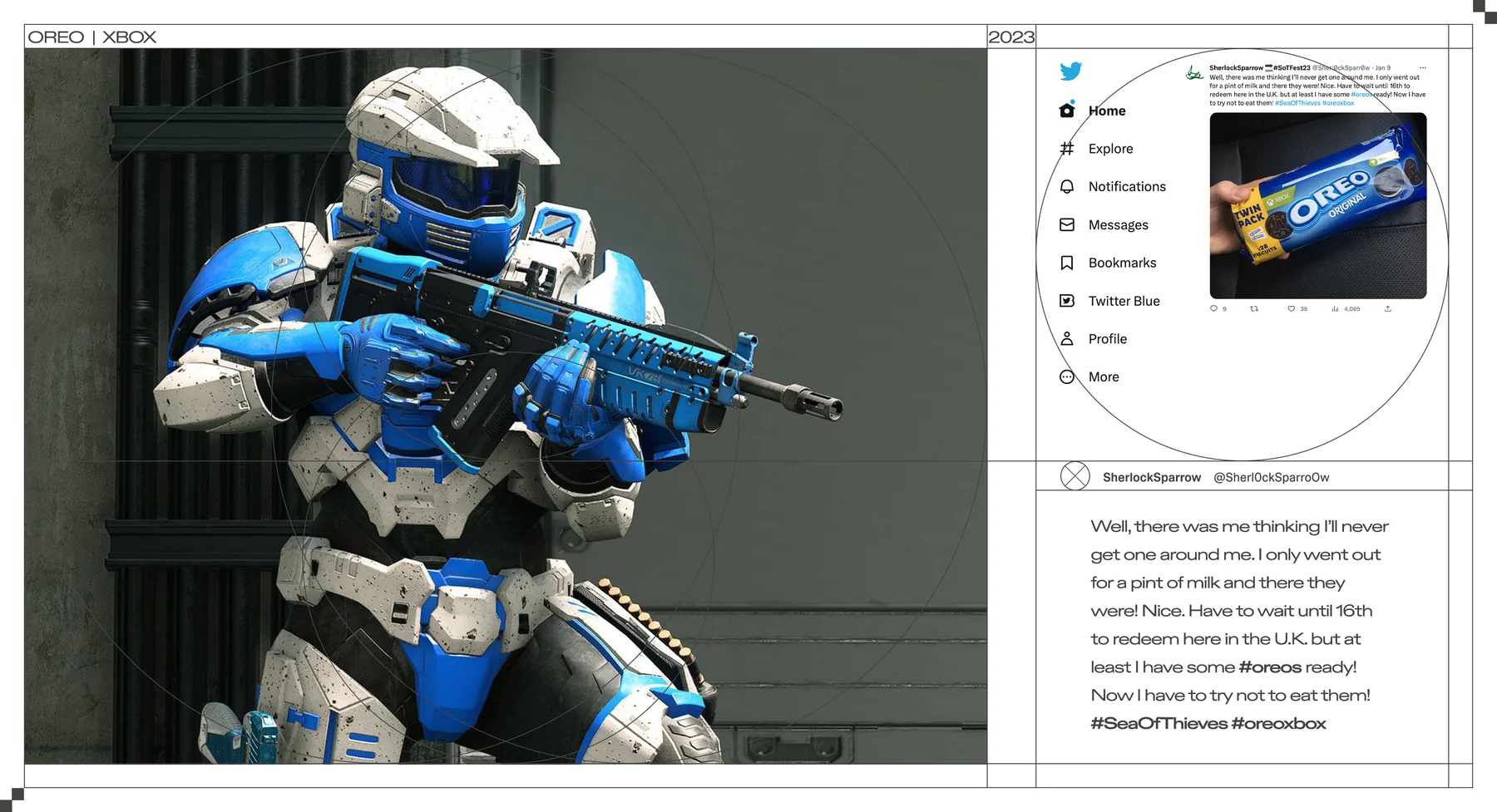 Armadura de Halo Infinite com skin OREO, ao lado de um tuíte