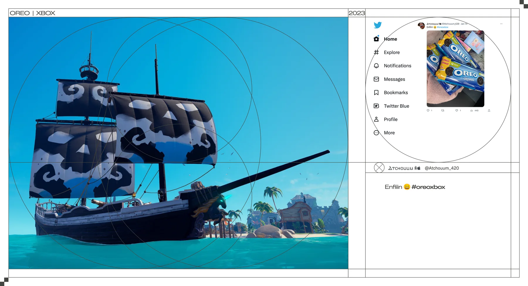 Navio de Sea of Thieves com velas de biscoito, ao lado de um tuíte